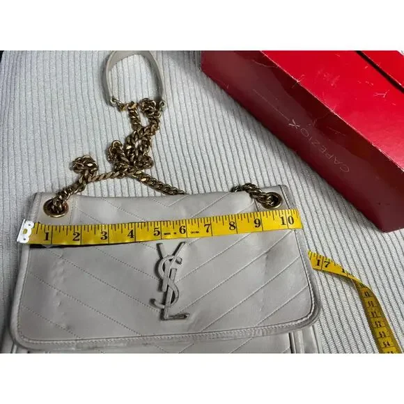 Saint Laurent YSL Bag Womens White Quilted Leather Chain Shoulder Chevron Purse - Picture 11 of 12